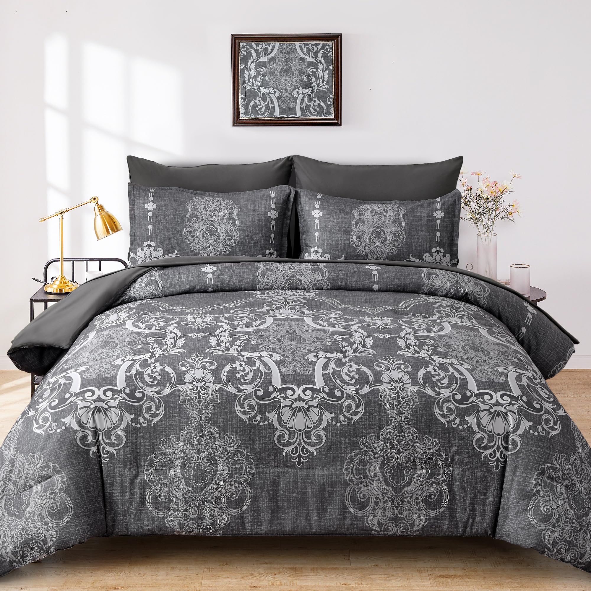 Mybedsoul 7 Pieces Grey Comforter Set King Size, Damask Bed In A Bag For King Bed, Lightweight Microfiber Boho Bedding Sets With